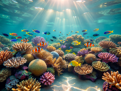 Sunlit Vibrant Coral Reef with Colorful Tropical Fish