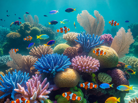 Sunlit Vibrant Coral Reef with Colorful Tropical Fish