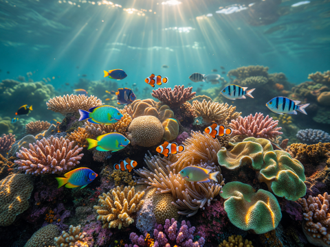 Sunlit Vibrant Coral Reef with Colorful Tropical Fish