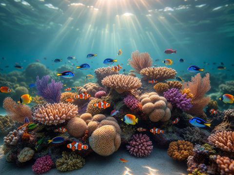 Sunlit Vibrant Coral Reef with Colorful Tropical Fish