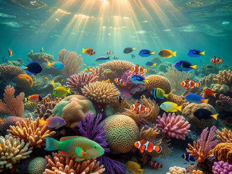Sunlit Vibrant Coral Reef with Colorful Tropical Fish