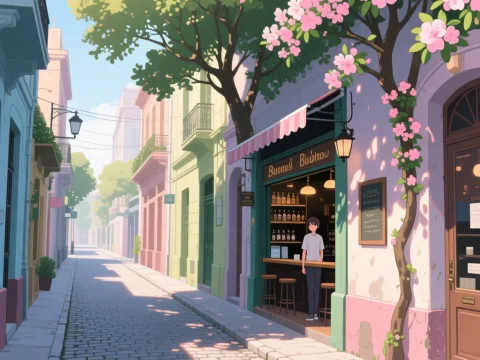 Sunny Alley with Blossoming Tree and Cafe in Anime Style