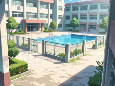 Sunny School Courtyard with Swimming Pool in Anime Style