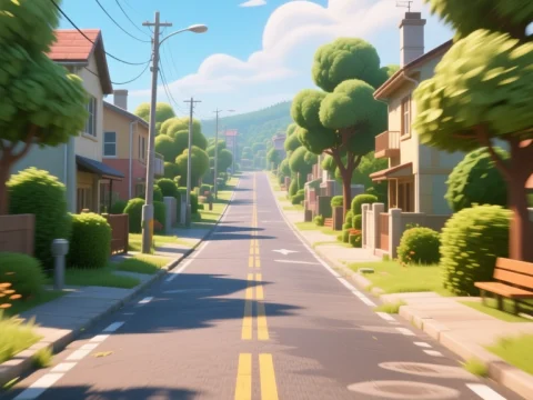Sunny Suburban Street with Lush Greenery