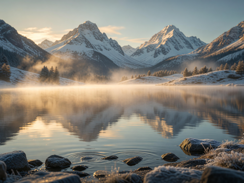 Sunrise Serenity Over Misty Mountain Lake
