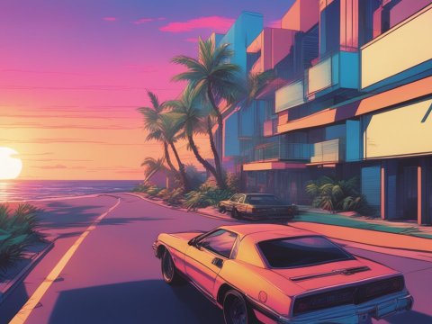 Sunset Drive Along a Coastal Road in Retro Comic Style