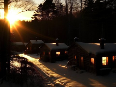 Sunset Glow on Snowy Cabin Village