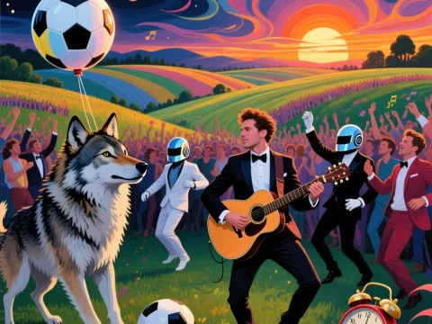 Sunset Music Festival with Guitarist, Wolf, and Futuristic Dancers