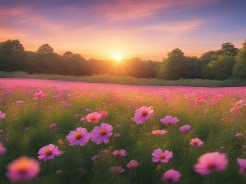 Sunset Over a Blooming Pink Flower Field