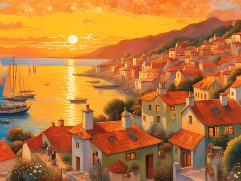 Sunset Over a Coastal Village with Sailing Boats