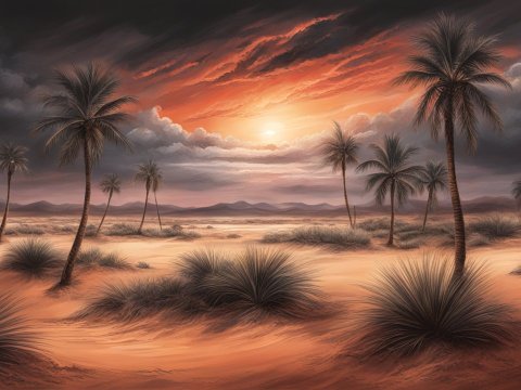 Sunset Over a Desert Landscape with Palm Trees