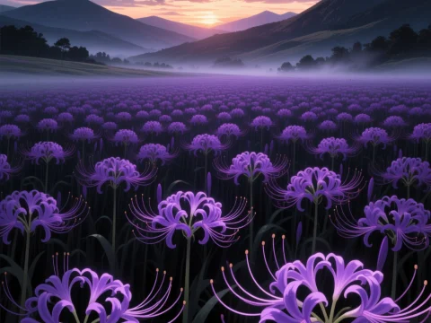 Sunset Over a Misty Spider Lily Field