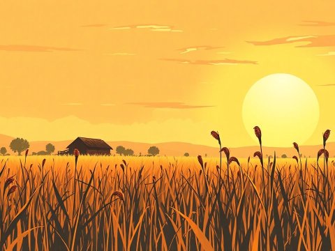 Sunset Over a Rural Wheat Field with Barn