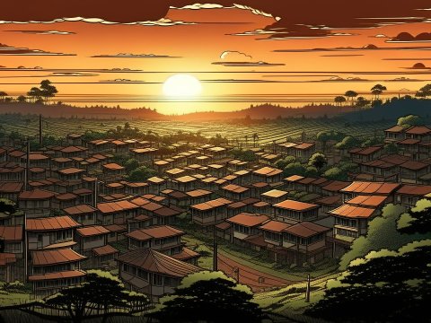 Sunset Over a Serene Village Landscape