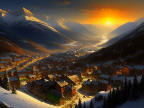 Sunset Over a Snowy Swiss Village in the Mountains