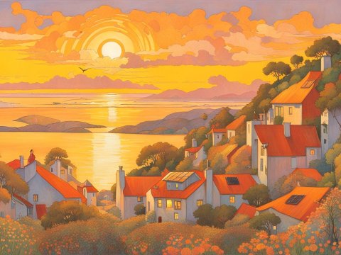 Sunset Over a Solarpunk Coastal Village