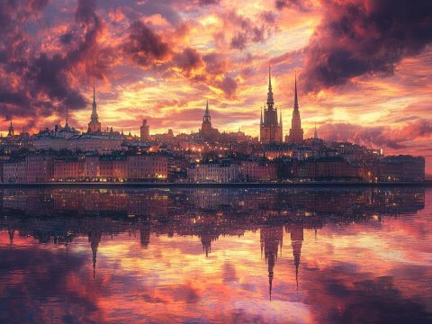 Sunset Over Historic Cityscape with Reflective Water