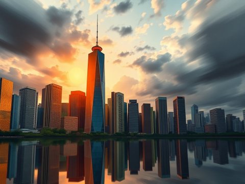 Sunset Over Modern City Skyline with Reflective Water