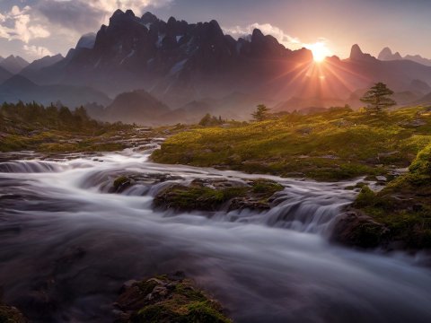 Sunset Over Mystical Mountain Stream