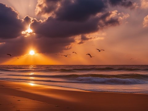 Sunset Over Ocean Waves with Flying Seagulls