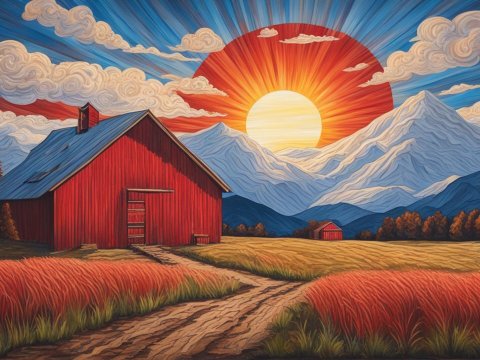Sunset Over Red Barn in Stylized Mountain Landscape