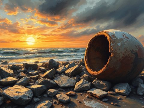 Sunset Over Rocky Shore with Rusted Sphere
