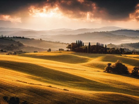 Sunset Over Rolling Autumn Hills in Tuscany