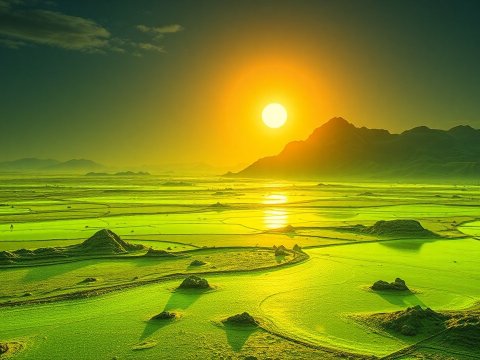 Sunset Over Vibrant Green Landscape with Mountains