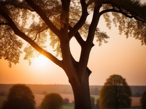 Sunset Through a Majestic Tree in a Peaceful Countryside