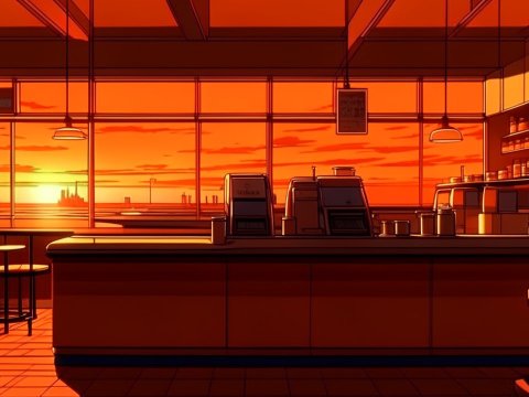 Sunset View Inside a Cozy Anime Coffee Shop
