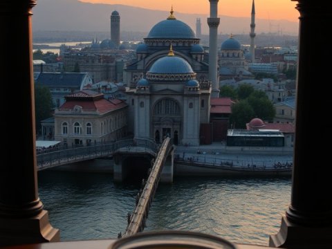 Sunset View of Istanbul Mosque with Tea in Foreground