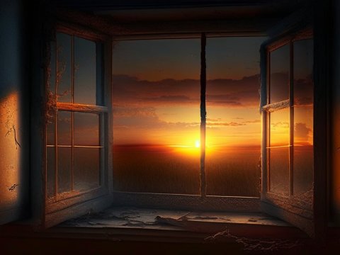 Sunset View Through an Old Window