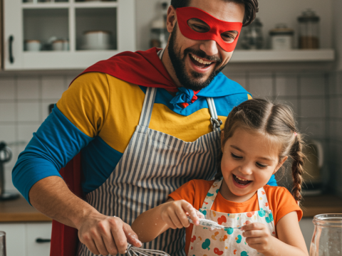 Super Dad Baking with Daughter in Kitchen