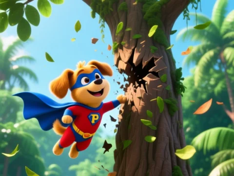 Super Puppy Crashes Through Jungle Tree