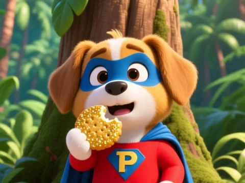 Super Puppy in a Forest Eating a Cookie