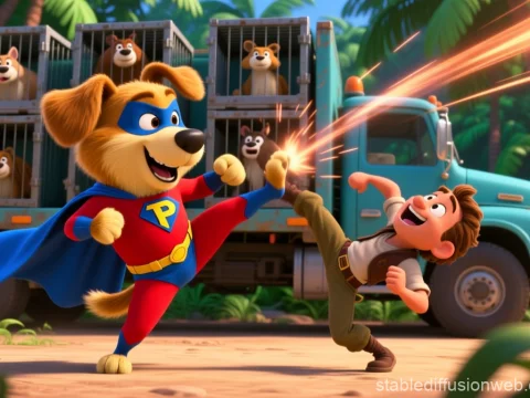 Super Puppy Kick vs Adventurous Boy in Jungle Scene