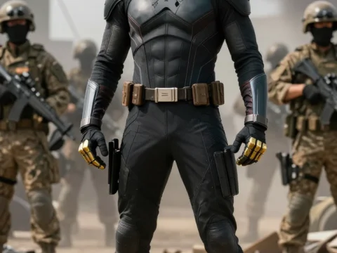 Super Soldier in Tactical Black Armor on Battlefield