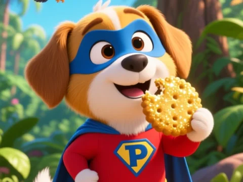 Superhero Puppy Enjoying a Snack in a Vibrant Jungle