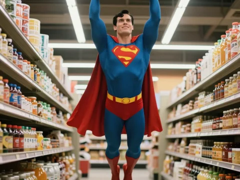 Superman Lifts Grocery Cart in Store Aisle