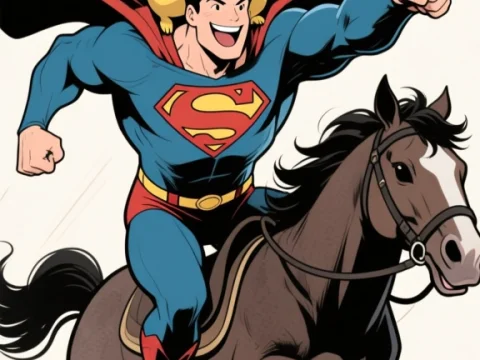 Superman Riding Horse with Pikachu on His Shoulders