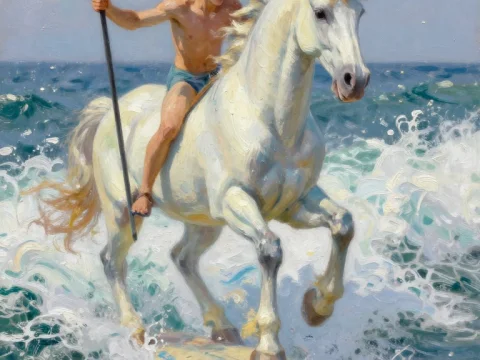 Surfer Riding a White Horse on Ocean Waves