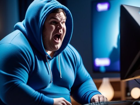 Surprised Gamer in Blue Hoodie at Computer