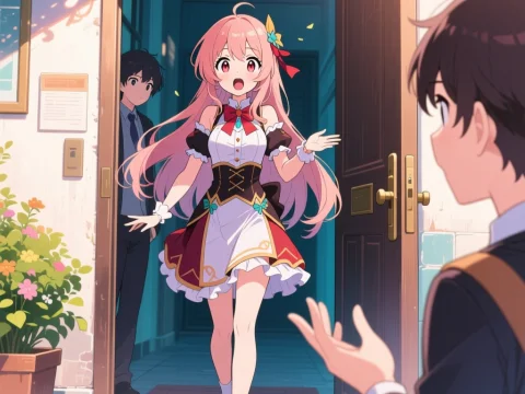 Surprised Girl Greeting at the Door in Anime Style