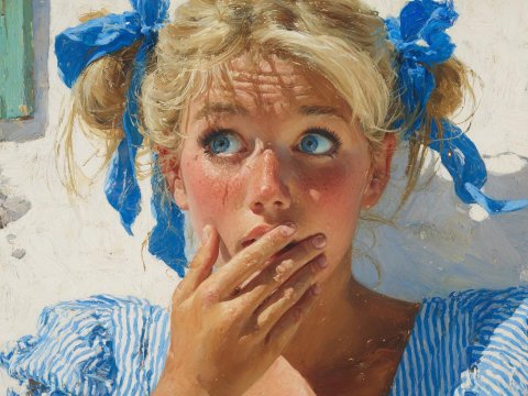 Surprised Girl with Blue Ribbons in Oil Painting Style