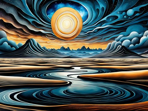 Surreal Abstract Landscape with Radiant Orb and Flowing River