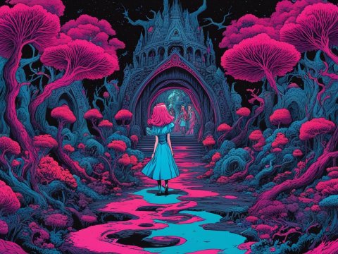 Surreal Alice in a Neon Wonderland Forest