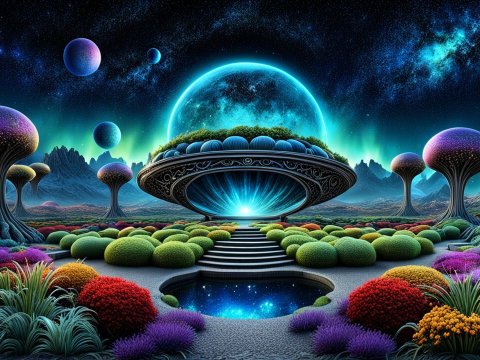 Surreal Alien Landscape with Futuristic UFO and Colorful Flora