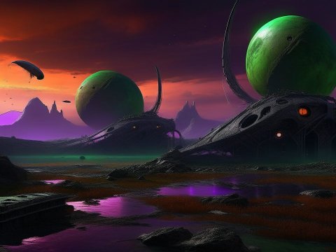 Surreal Alien Landscape with Giant Green Spheres at Sunset