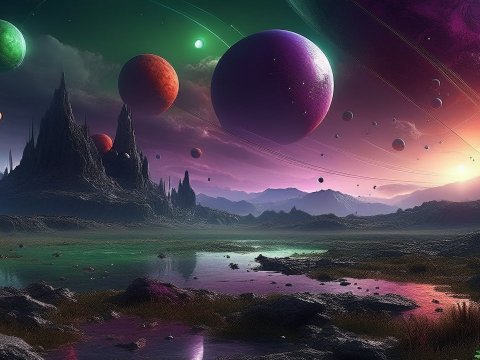 Surreal Alien Landscape with Multiple Colorful Planets