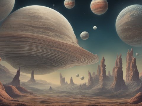 Surreal Alien Landscape with Multiple Giant Planets